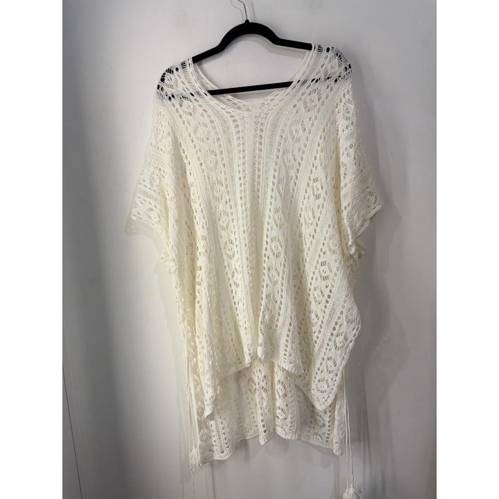Boho Crochet Lace Poncho Cover Up Ivory Cinch Tassel Sides One Size‎ Beach